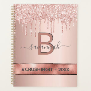 Rose gold pink glitter monogram motivational planner