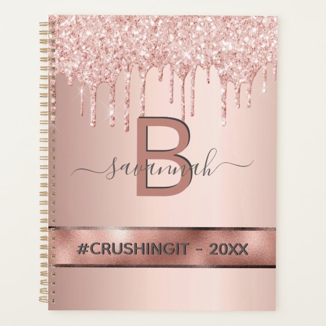 Rose gold pink glitter monogram motivational planner (Front)