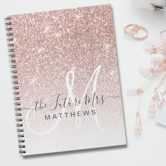Rose Gold Pink Glitter Monogram Name Future Mrs Notebook (Creator Uploaded)