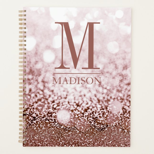Rose Gold Pink Glitter Monogram Name Initial Planner (Front)