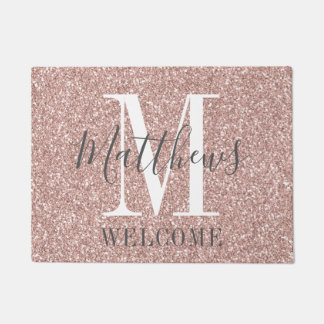 Rose Gold Pink Glitter Monogram Name Newlyweds Doormat