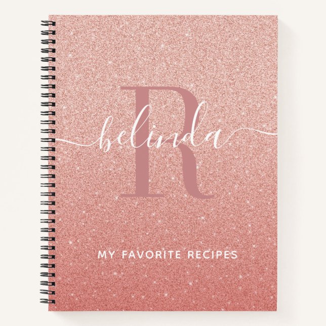 Rose Gold Pink Glitter Monogram Recipe Cookbook Notebook (Front)