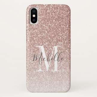 Rose Gold Pink Glitter Monogram Script Name iPhone X Case