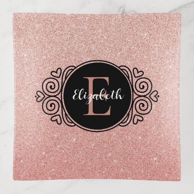 Rose Gold Pink Glitter Monogram Trinket Tray (Front)
