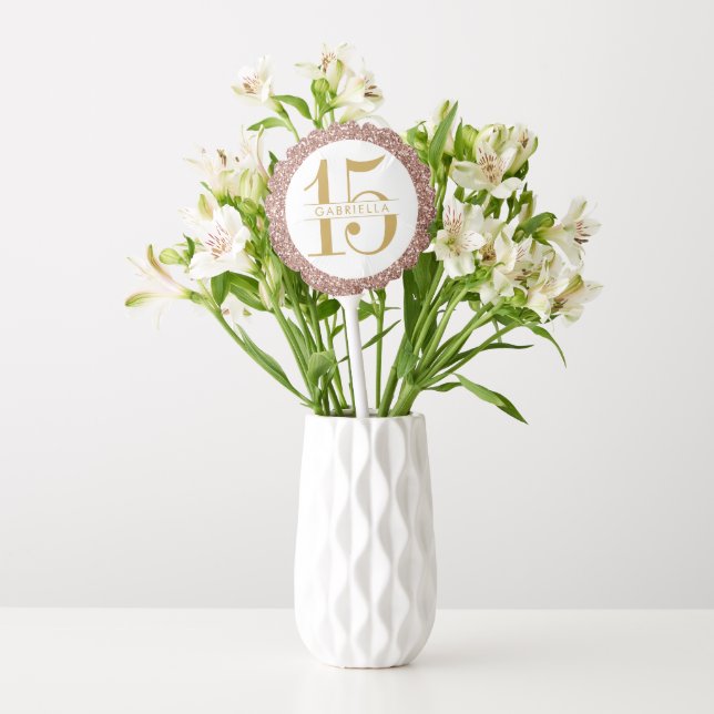 Rose Gold Pink Glitter Name and Age Quinceañera Balloon (Vase)