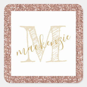 Rose Gold Pink Glitter Name Label Sticker