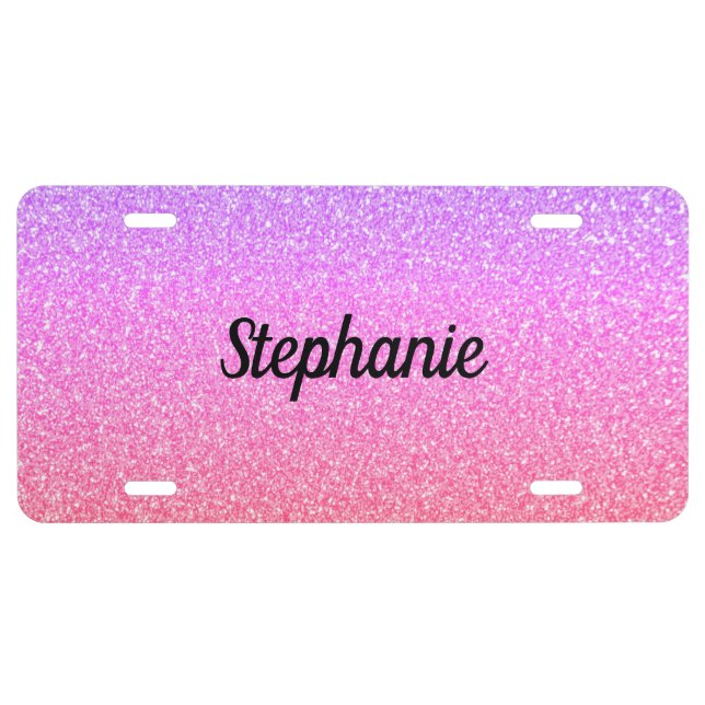 Rose Gold Pink Glitter Ombre Custom Name Cool License Plate (Front)