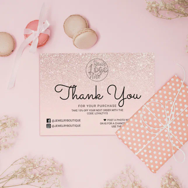 Rose Gold Pink Glitter Ombre Customer Thank You Business Card | Zazzle