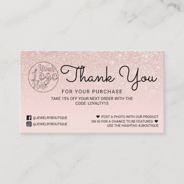 Rose Gold Pink Glitter Ombre Customer Thank You Business Card (Front)