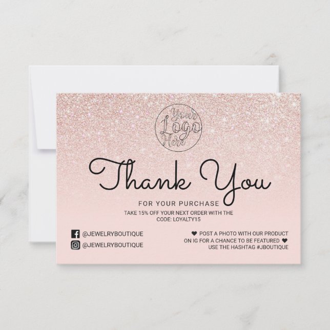 Rose Gold Pink Glitter Ombre Customer Thank You Card (Front)
