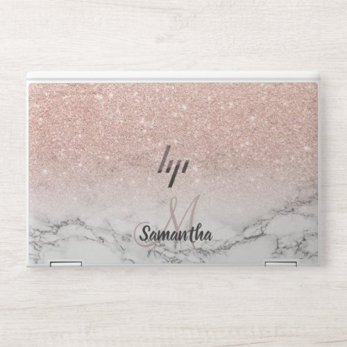 rose gold pink glitter ombre white marble name HP laptop skin
