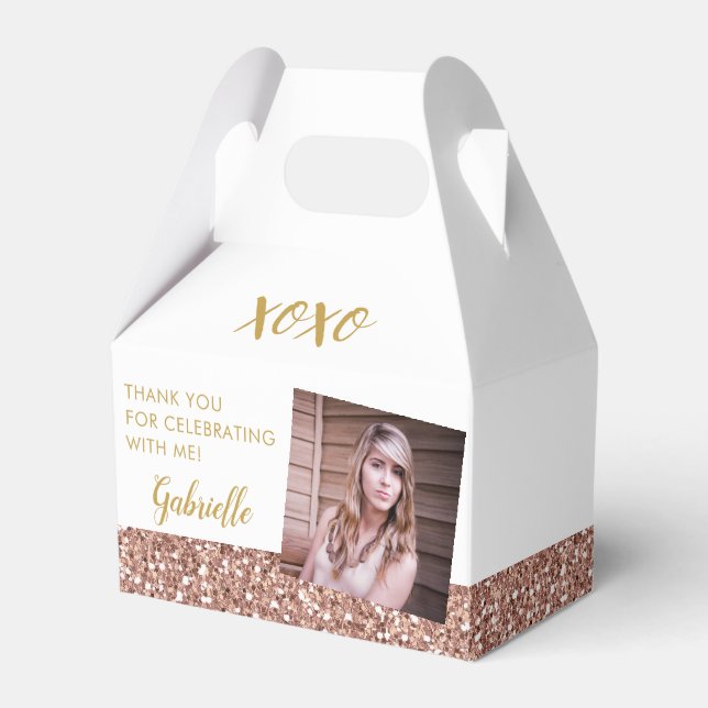 Rose Gold Pink Glitter Photo Birthday Favor Boxes (Front Side)