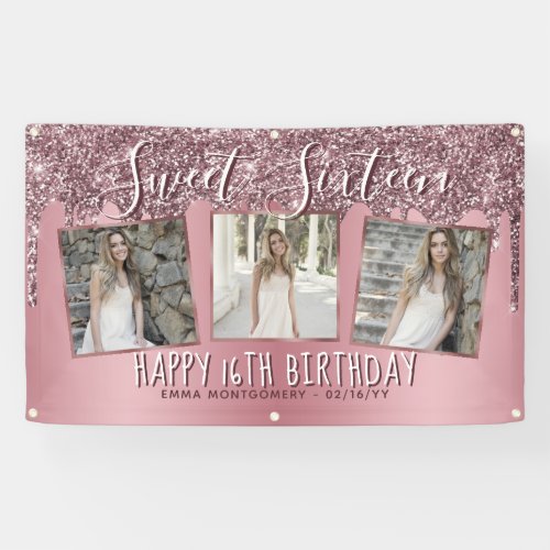 Rose Gold Pink Glitter Photo Collage 16th Birthday Banner