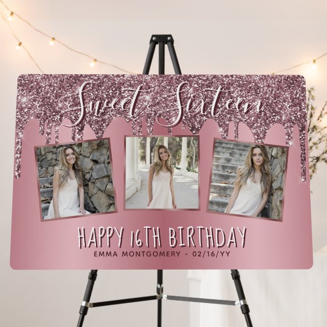 Rose Gold Pink Glitter Photo Collage 16th Birthday Foam Board (In Situ (Stand))