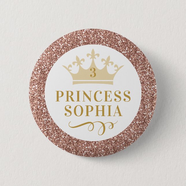 Rose Gold Pink Glitter Princess Birthday Girl Button (Front)