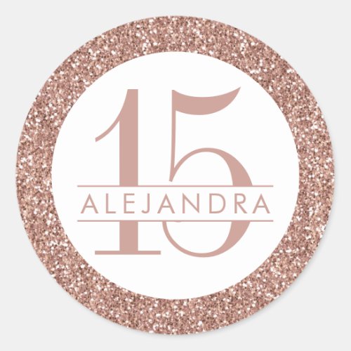 Rose Gold Pink Glitter Quince Aos Favor  Classic Round Sticker
