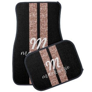 Rose Gold Pink Glitter Racing Stripe Monogram Car Floor Mat