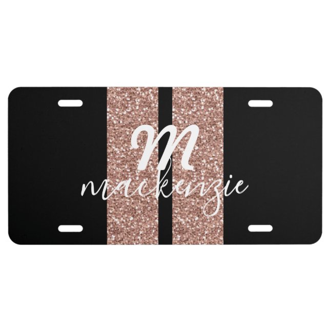 Rose Gold Pink Glitter Racing Stripes Personalize License Plate (Front)