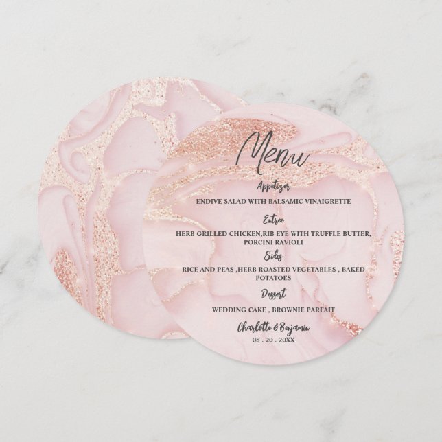 Rose Gold Pink Glitter Round Wedding Menu (Front/Back)