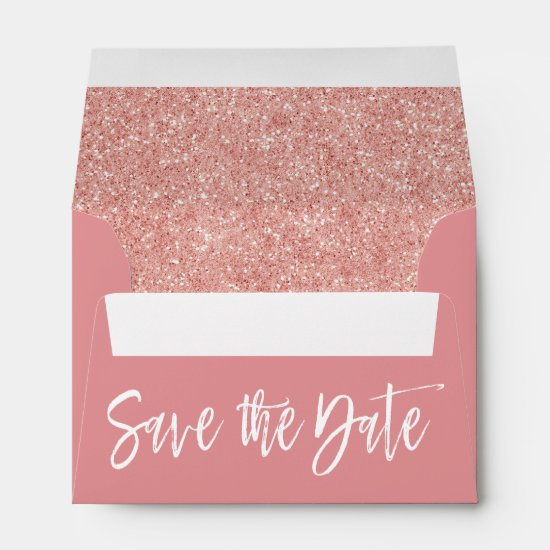 Rose Gold Pink Glitter Save the Date Envelope