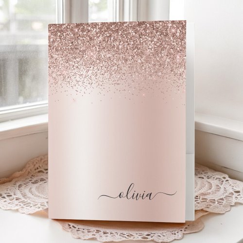 Rose Gold _ Pink Glitter Script Monogram Girly Pocket Folder