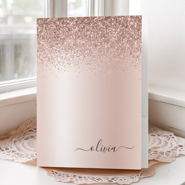 Rose Gold - Pink Glitter Script Monogram Girly Pocket Folder (Creator Uploaded)