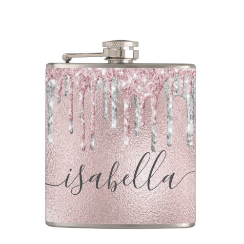 Rose gold pink glitter silver monogram script flask