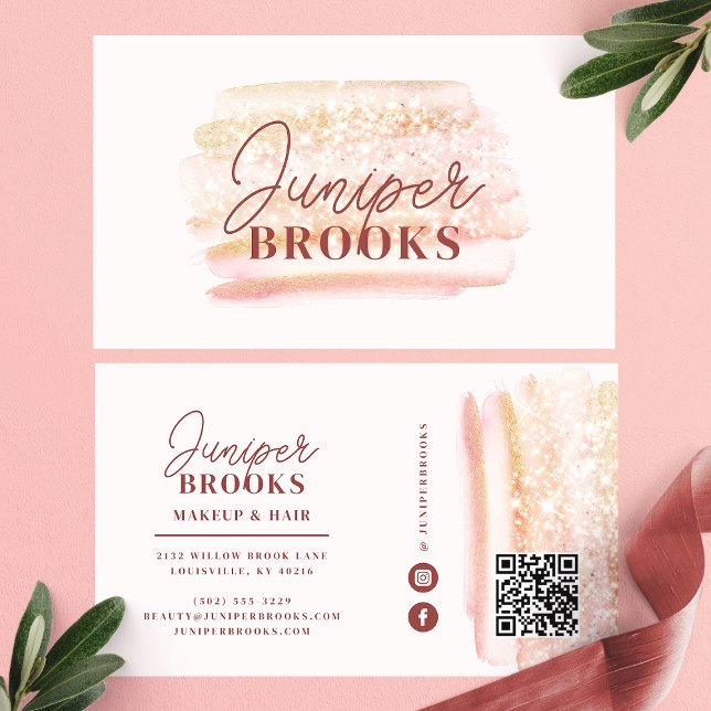 Rose Gold Pink Glitter Social Media QR Code Business Card (Creator Uploaded)
