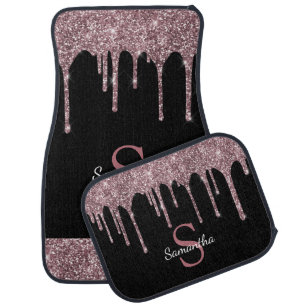 Rose Gold Pink Glitter Sparkle Drip Black Monogram Car Floor Mat