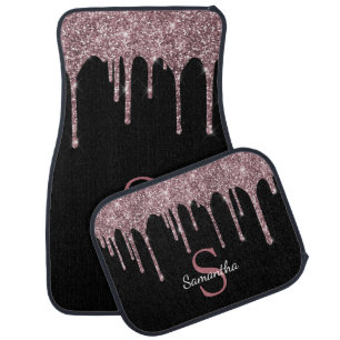 Rose Gold Pink Glitter Sparkle Drip Monogram Black Car Floor Mat