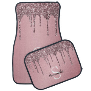 Rose Gold Pink Glitter Sparkle Drip Monogram Car Floor Mat