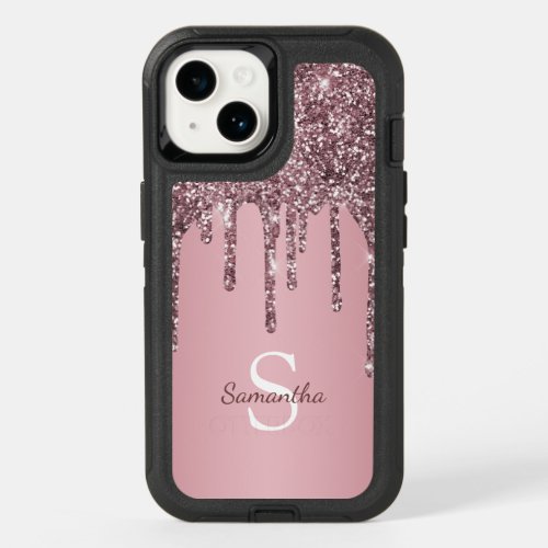 Rose Gold Pink Glitter Sparkle Drip Monogram Name OtterBox iPhone 14 Case
