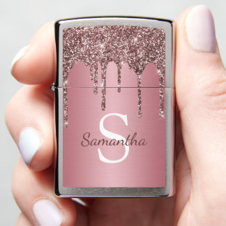 Rose Gold Pink Glitter Sparkle Drip Monogram Name Zippo Lighter