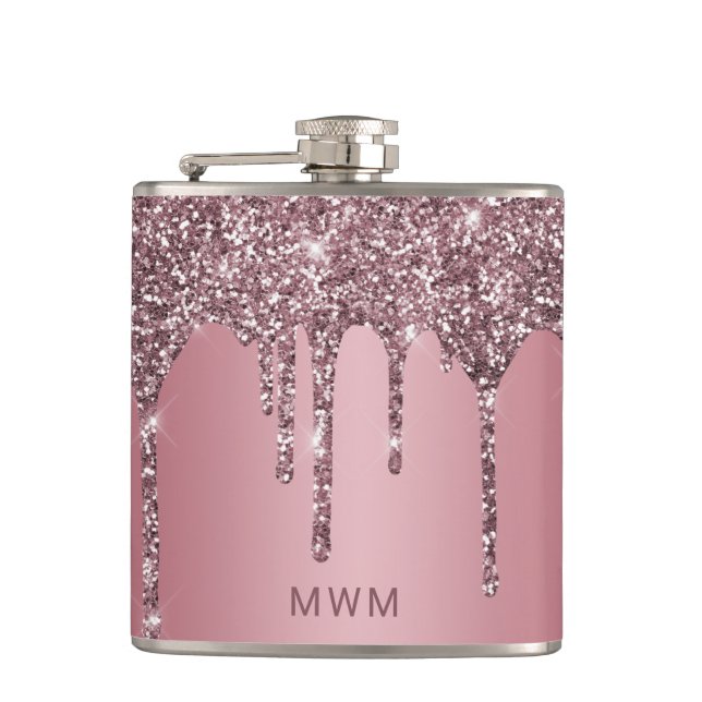 Rose Gold Pink Glitter Sparkle Drips Monogram 6 oz Flask (Front)