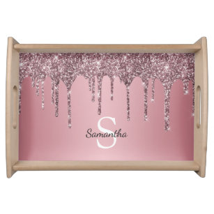 Rose Gold Pink Glitter Sparkle Drips Monogram Name Serving Tray