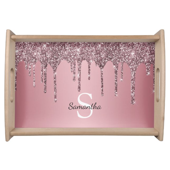 Rose Gold Pink Glitter Sparkle Drips Monogram Name Serving Tray (Front)