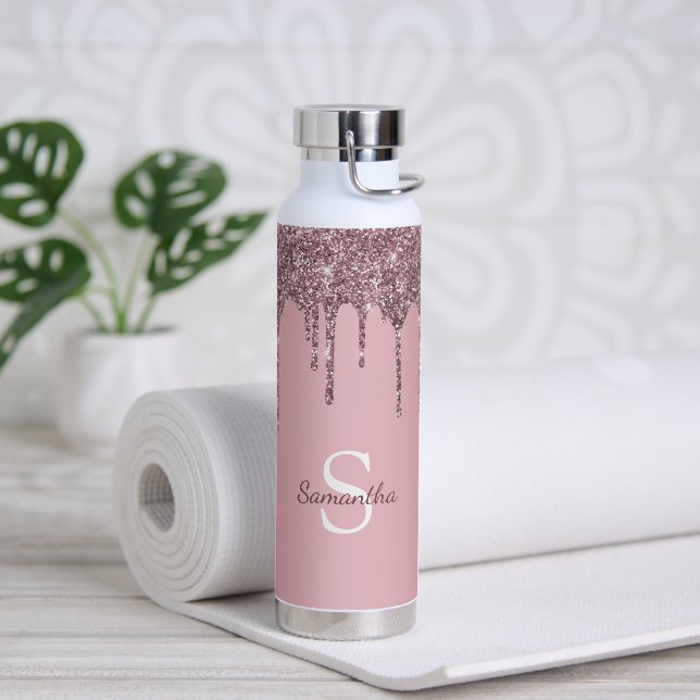 Rose Gold Pink Glitter Sparkle Drips Monogram Name Water Bottle (Yoga)