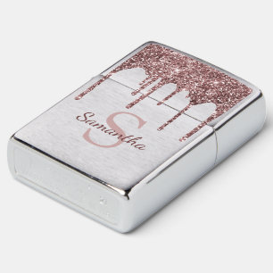 Rose Gold Pink Glitter Sparkle Drips Monogram Zippo Lighter