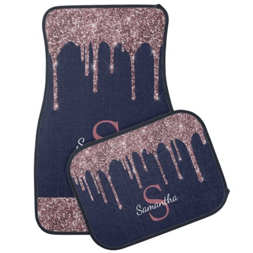 Rose Gold Pink Glitter Sparkle Drips Navy Monogram Car Floor Mat