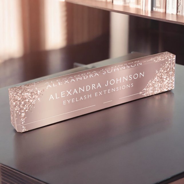 Rose Gold Pink Glitter Sparkle Eyelash Extensions Desk Name Plate (Creator Uploaded)