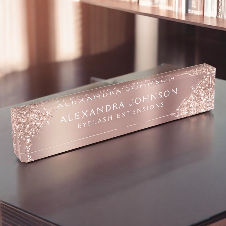 Rose Gold Pink Glitter Sparkle Eyelash Extensions Desk Name Plate