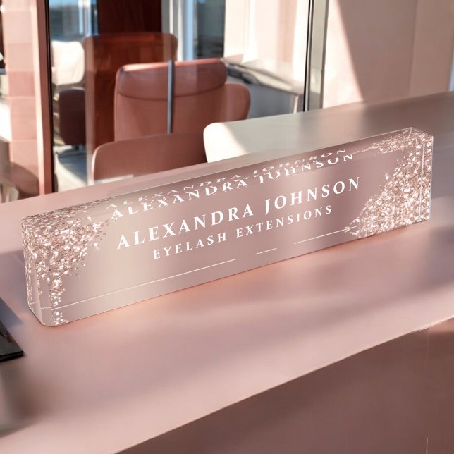 Rose Gold Pink Glitter Sparkle Eyelash Extensions Desk Name Plate (Creator Uploaded)