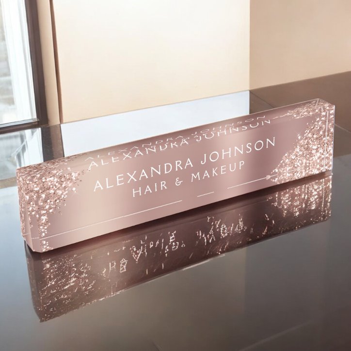 Rose Gold Pink Glitter Sparkle Hair Makeup Desk Name Plate