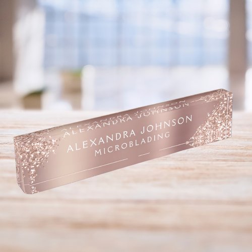 Rose Gold Pink Glitter Sparkle Microblading Brows Desk Name Plate