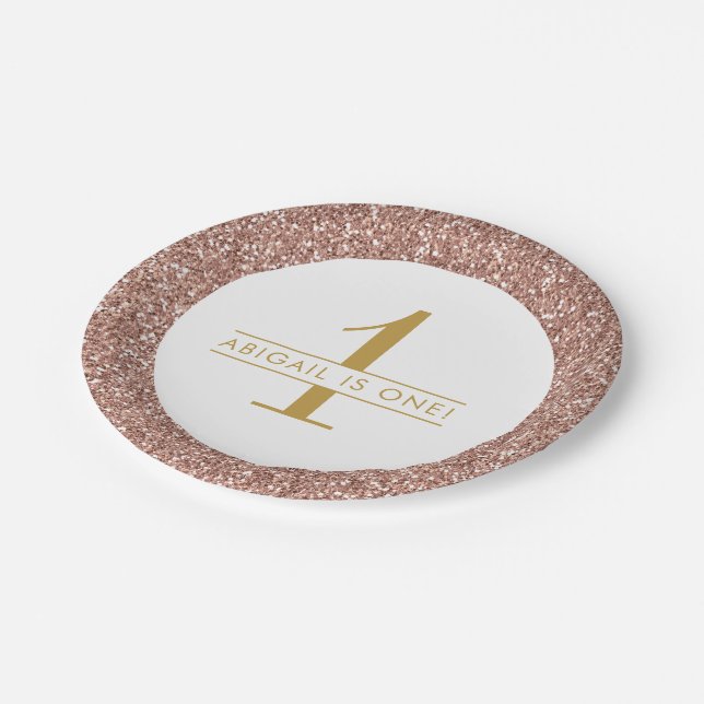 Rose Gold Pink Glitter Sparkle Monogram Birthday Paper Plates (Angled)