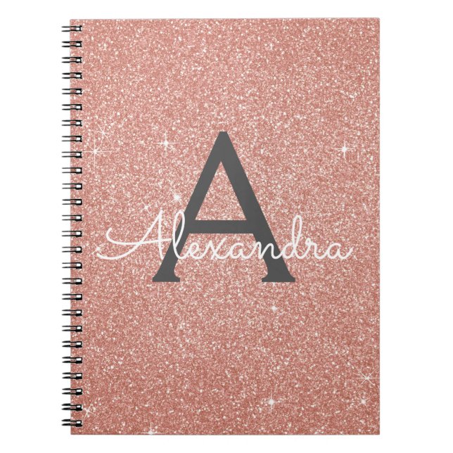 Rose Gold Pink Glitter Sparkle Monogram Notebook (Front)