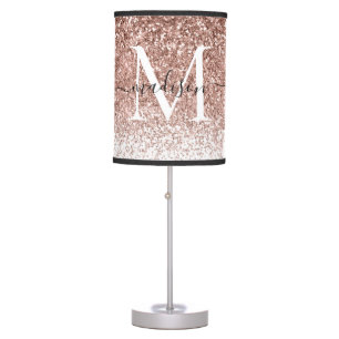 Rose Gold Pink Glitter Sparkle Monogram Script Table Lamp