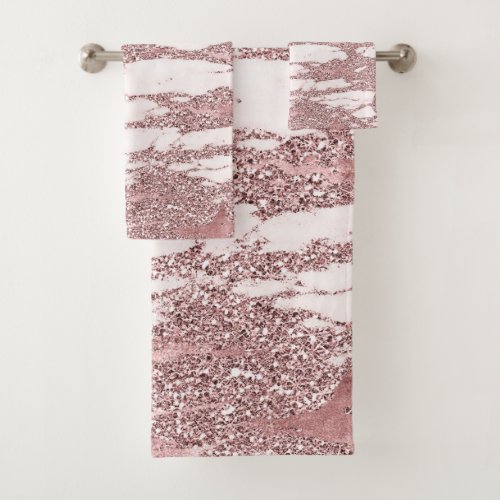 Rose Gold Pink Glitter Sparkly Marble Glam Trendy Bath Towel Set