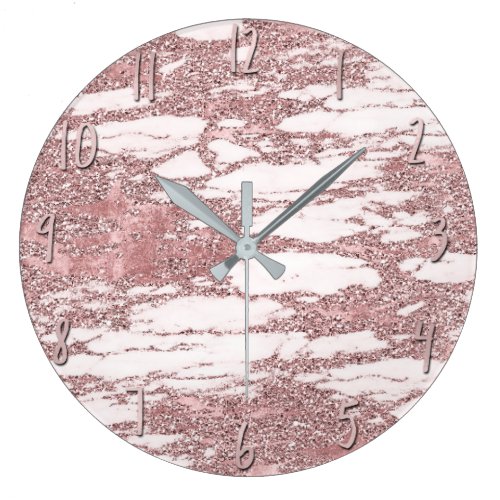 Rose Gold Pink Glitter Sparkly Marble Glam Trendy Large Clock
