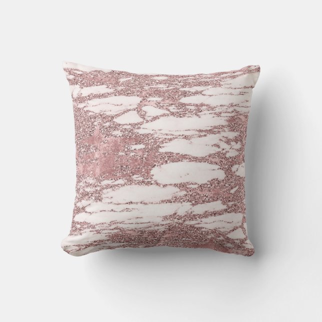 Rose Gold Pink Glitter Sparkly Marble Glam Trendy Throw Pillow (Front)